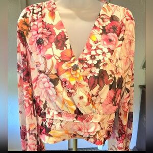 Express Floral Wrap Long Sleeve Blouse - Pink, Red, and Yellow